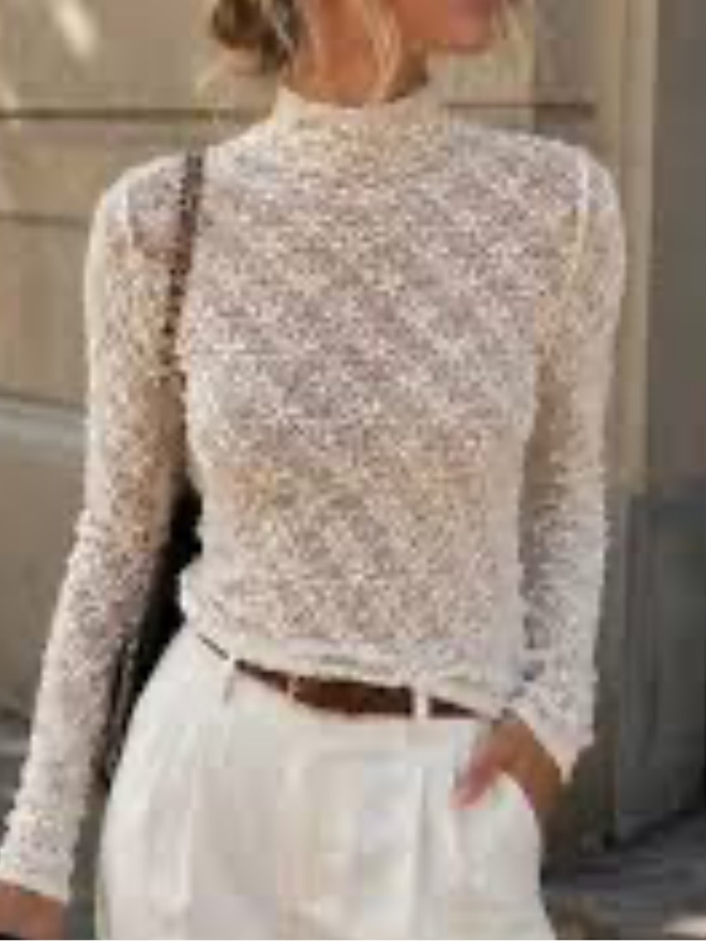 Zara Cream Lace-Pattern Mock Turtleneck Sweater Size Medium